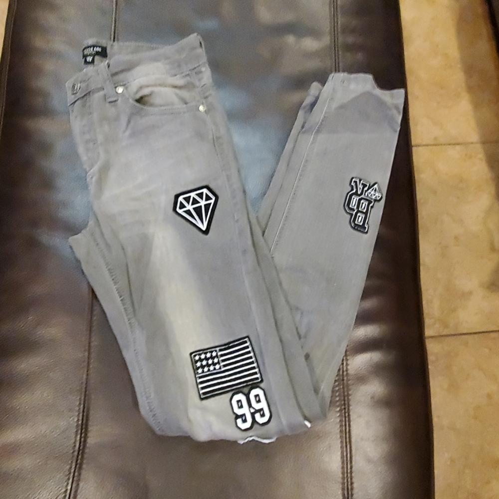 Gray patched jeans... WORN ONCE!